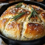 Freshly baked rustic garlic rosemary skillet bread on a wooden table