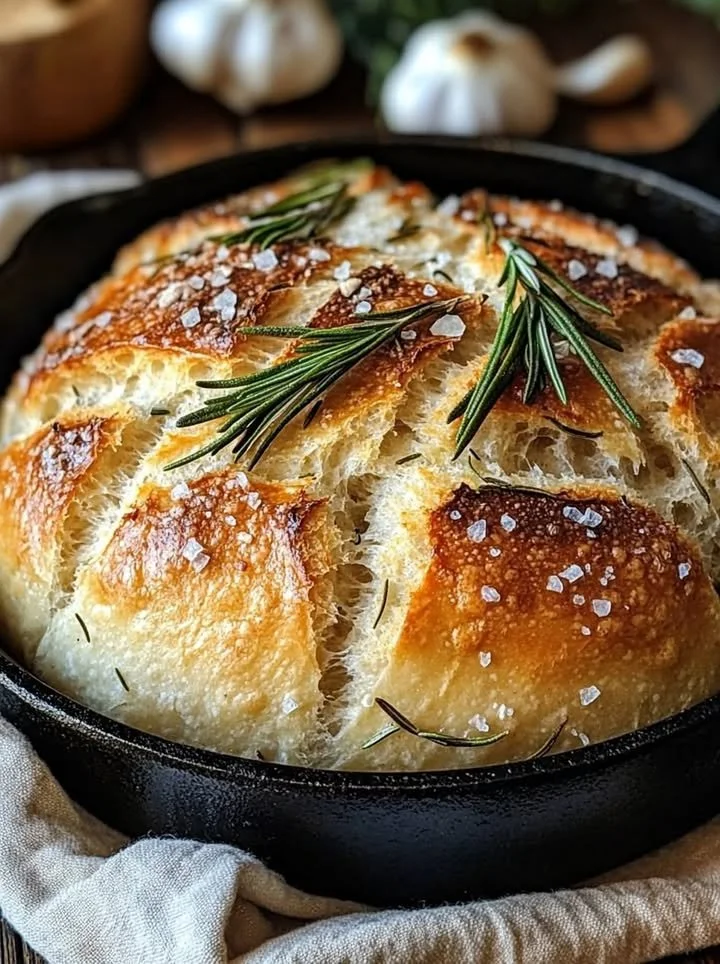 Freshly baked rustic garlic rosemary skillet bread on a wooden table