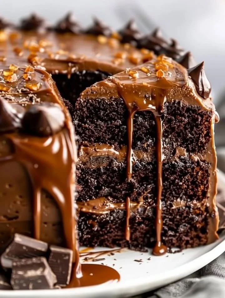 Delicious salted caramel chocolate cake topped with rich caramel drizzles