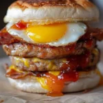 Sausage Egg Cheese Sandwich with grape jelly spread on a plate