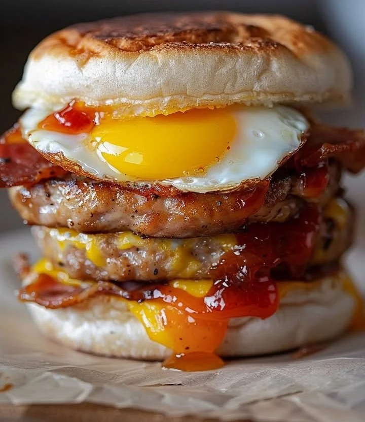 Sausage Egg Cheese Sandwich with grape jelly spread on a plate