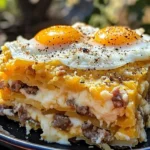 Sausage, egg, and cream cheese hashbrown casserole baked to perfection.