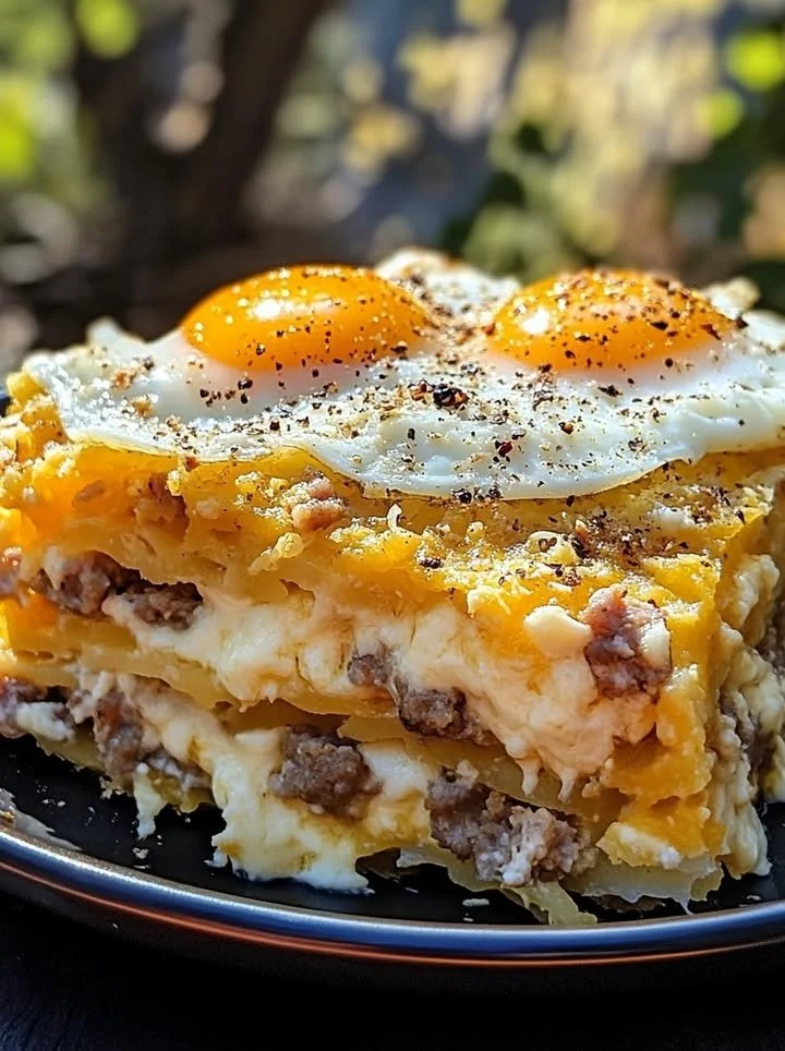 Sausage, egg, and cream cheese hashbrown casserole baked to perfection.