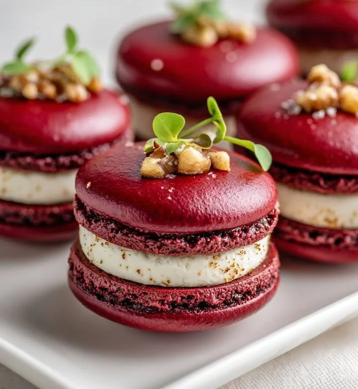 Savory beet macarons with goat cheese filling and walnut crunch topping