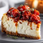 Savory cheesecake with roasted tomato jam and Parmesan crust on a plate
