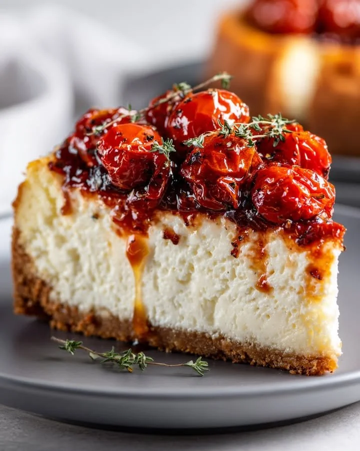 Savory cheesecake with roasted tomato jam and Parmesan crust on a plate