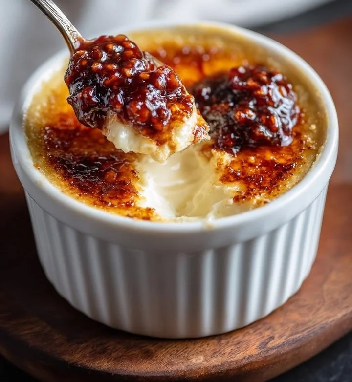 Savory crème brûlée with goat cheese and fig chili jam on a plate