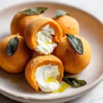 Savory mochi surprise with goat cheese and sage on a plate.