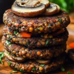 Savory mushroom lentil burgers served on a plate with fresh greens.