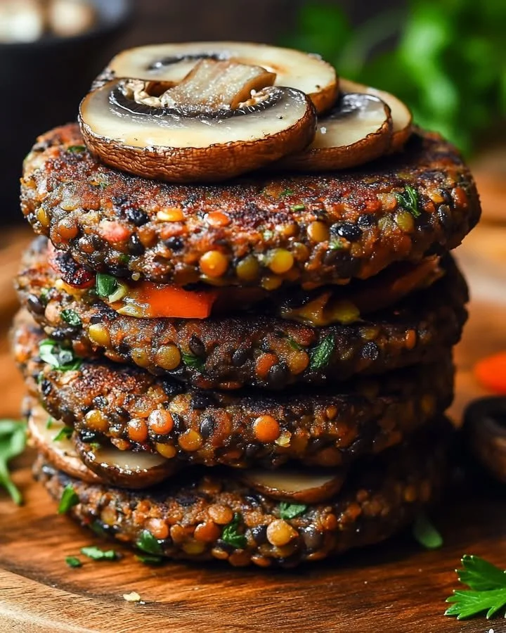 Savory mushroom lentil burgers served on a plate with fresh greens.