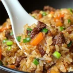 Plate of savory onion beef fried rice with fresh vegetables