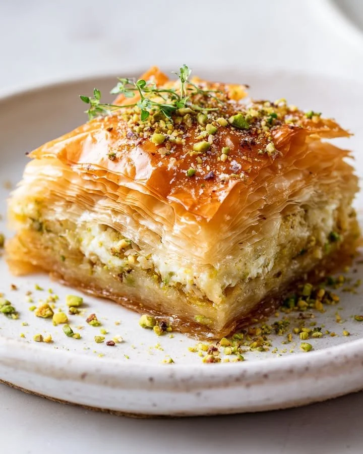 Savory pistachio-parmesan baklava with whipped ricotta filling