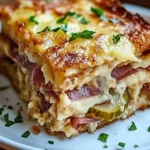 A delicious Savory Reuben Bake served in a dish, showcasing layers of sandwich ingredients.