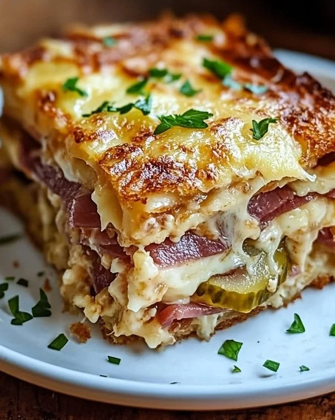 A delicious Savory Reuben Bake served in a dish, showcasing layers of sandwich ingredients.