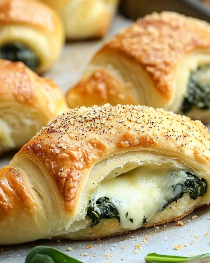 Savory spinach cheese stuffed crescent rolls on a baking sheet