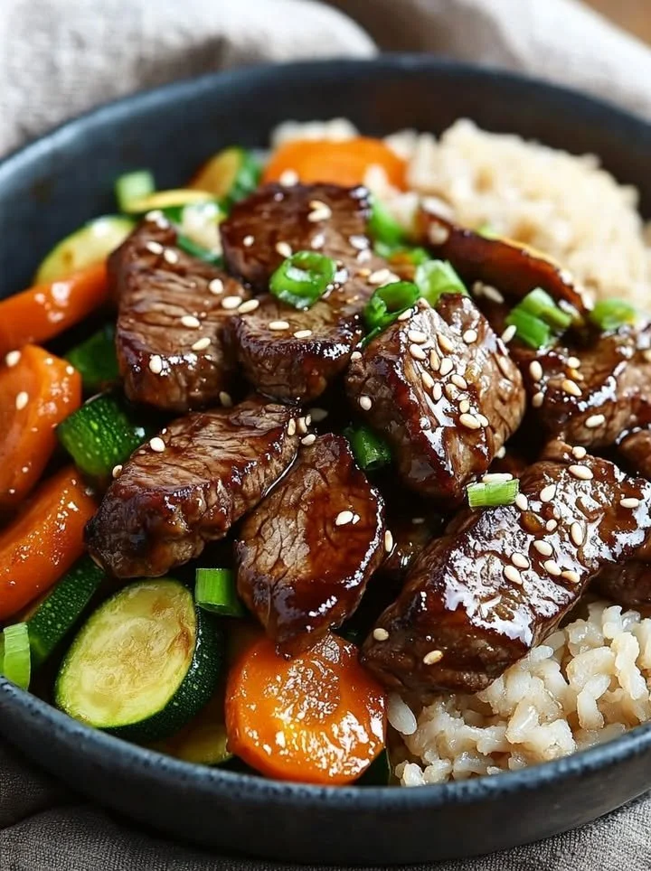 Savory steak stir-fry with vegetables in a flavorful sauce.