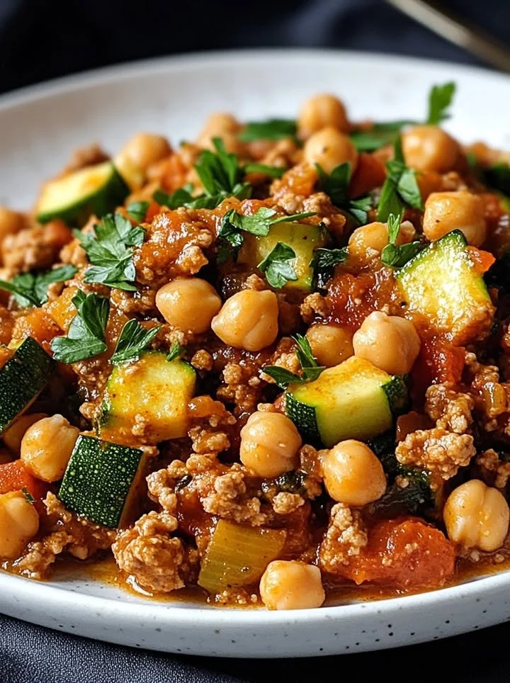 Savory Turkey Zucchini Chickpea Skillet in a frying pan