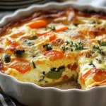 Savory vegetable and cheese egg bake served in a dish, ideal for brunch.