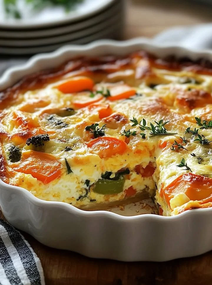 Savory vegetable and cheese egg bake served in a dish, ideal for brunch.