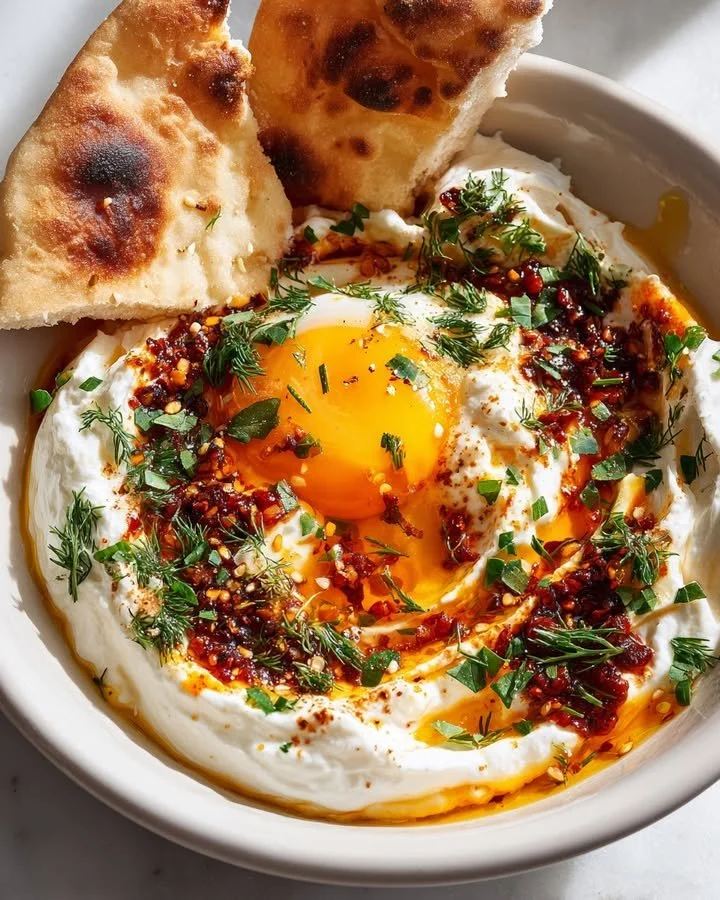 Savory yogurt bowl topped with jammy egg and chili crisp for a flavorful meal