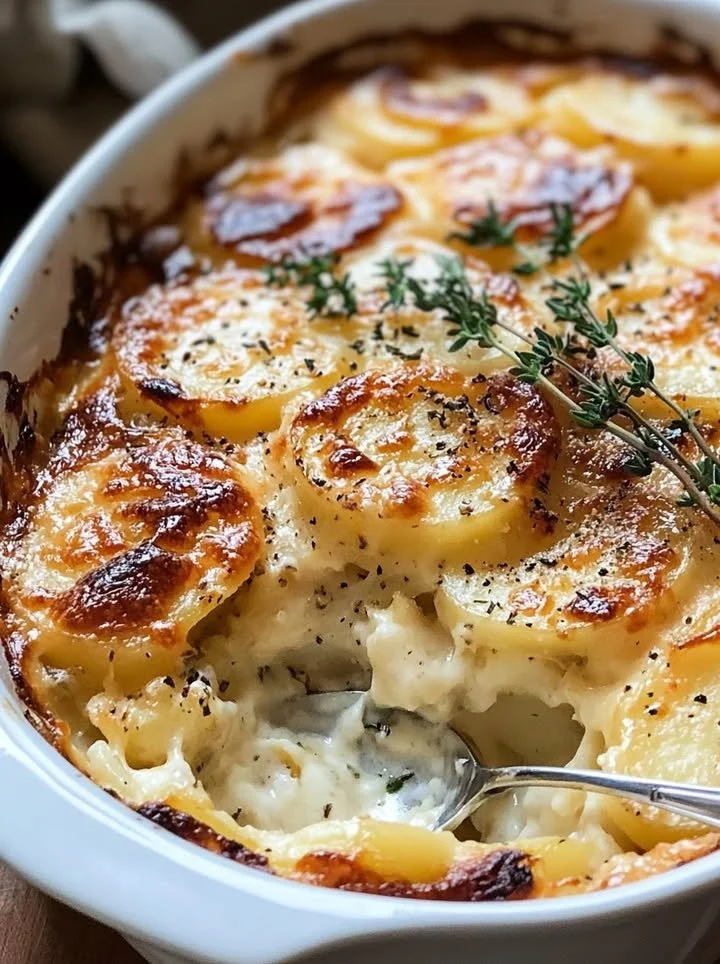 Delicious scalloped potatoes baked with Gruyere and cheddar cheese