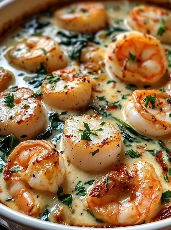 Scallops and shrimp in creamy sun-dried tomato sauce, served on a plate.