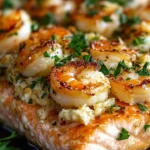 Delicious Seafood-Stuffed Salmon served on a plate with fresh herbs