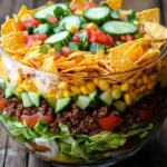 Seven-layer taco salad fiesta bowl with fresh ingredients and vibrant colors