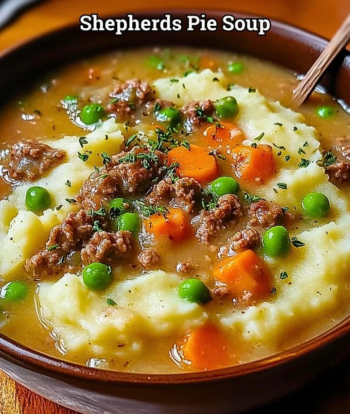 Bowl of hearty Shepherd's Pie Soup with vegetables and mashed potatoes on top