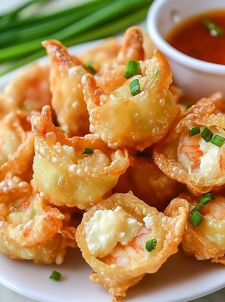 Shrimp and cream cheese wontons on a plate, crispy and delicious appetizer