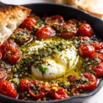 Skillet-baked burrata with blistered tomatoes and pistachio pesto oil in a pan
