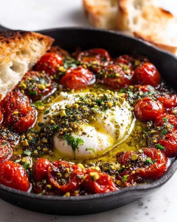 Skillet-baked burrata with blistered tomatoes and pistachio pesto oil in a pan