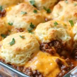 Delicious Sloppy Joe Biscuit Casserole served in a baking dish