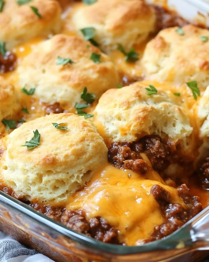 Delicious Sloppy Joe Biscuit Casserole served in a baking dish