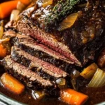 Delicious slow-cooked pot roast with colorful vegetables in a serving dish.