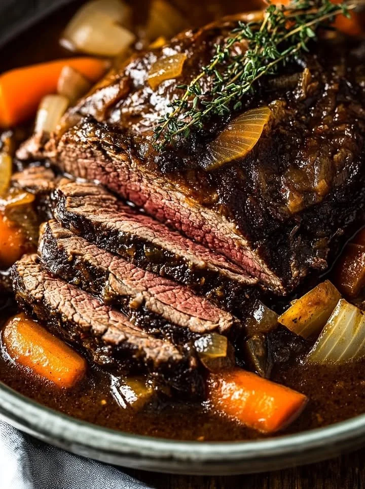 Delicious slow-cooked pot roast with colorful vegetables in a serving dish.