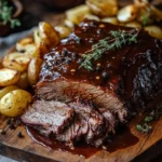 Slow Cooker Beef Brisket with BBQ Sauce served on a plate