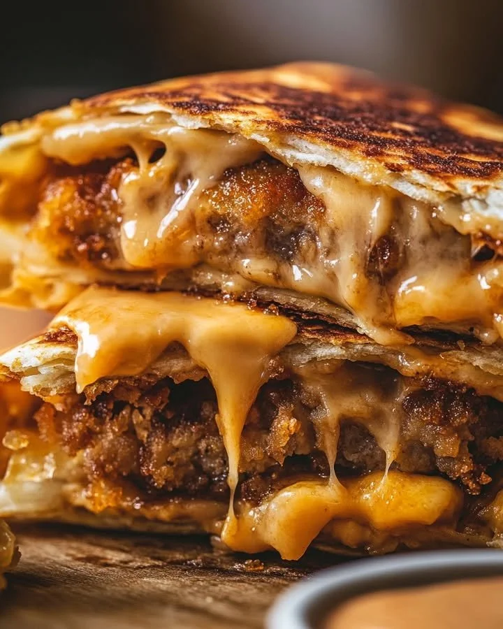 Smash Burger Quesadilla with melted cheese and juicy patties on a plate
