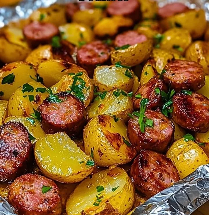 Plate of smoked sausage and potatoes garnished with herbs.