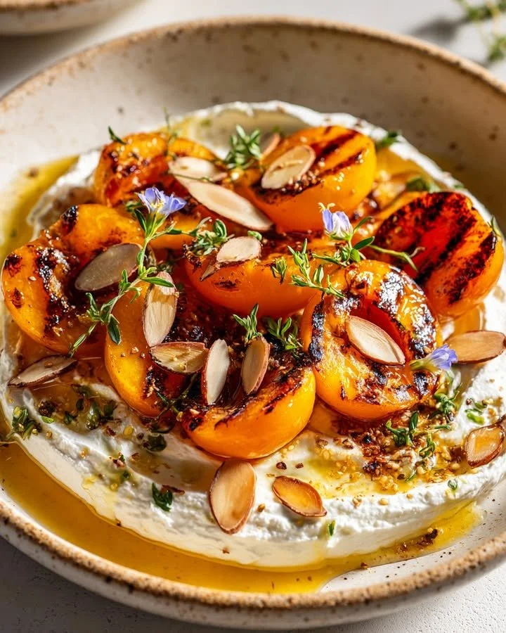 Plate of smoky stone fruit with herbed cheese for a delightful appetizer