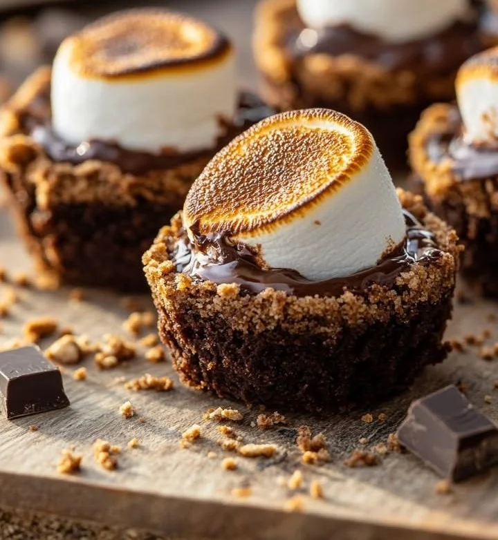 Delicious S’mores Brownie Cups with chocolate, marshmallows, and graham crackers
