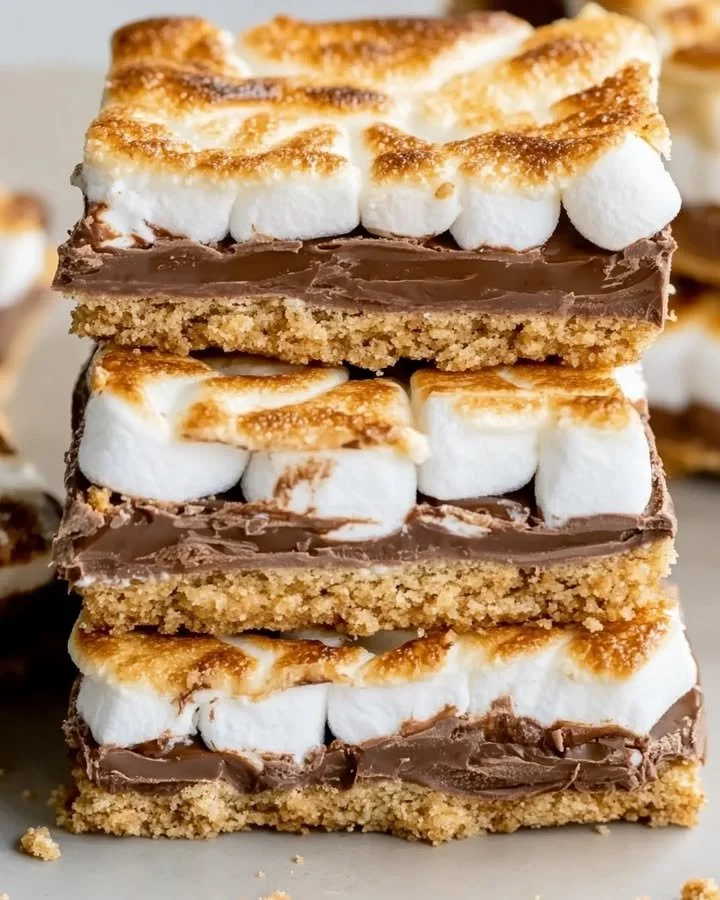 Deliciously stacked S'mores Crack Bars with chocolate, marshmallows, and graham crackers.