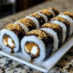A delicious plate of S'mores Sushi showcasing marshmallow, chocolate, and graham crackers.