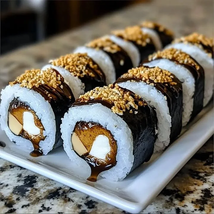 A delicious plate of S'mores Sushi showcasing marshmallow, chocolate, and graham crackers.