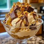Delicious Snickers Reese's Cookie Dough Ice Cream in a bowl with toppings