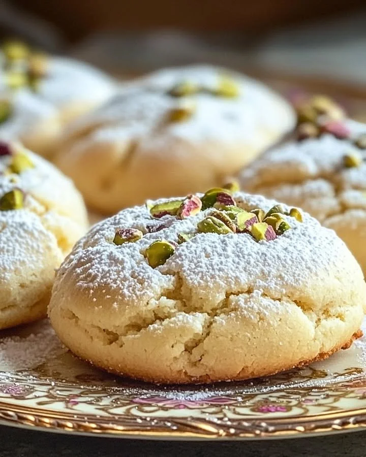 Soft ricotta pistachio pillow cookies arranged on a plate