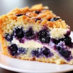 Sour cream blueberry coffee cake topped with fresh blueberries