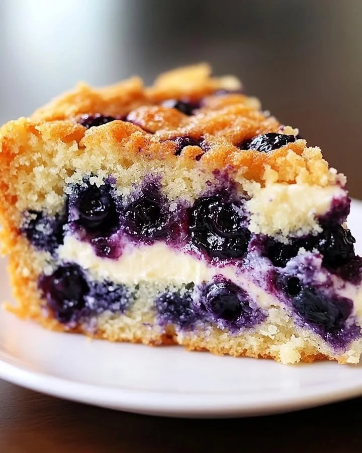 Sour cream blueberry coffee cake topped with fresh blueberries