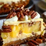 Slice of Southern Creamy Pineapple Pecan Cake with pineapple and pecans