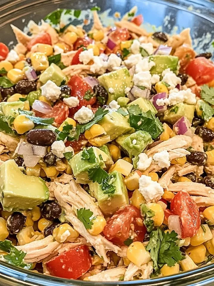 Bowl of flavorful Southwest chicken salad with fresh ingredients